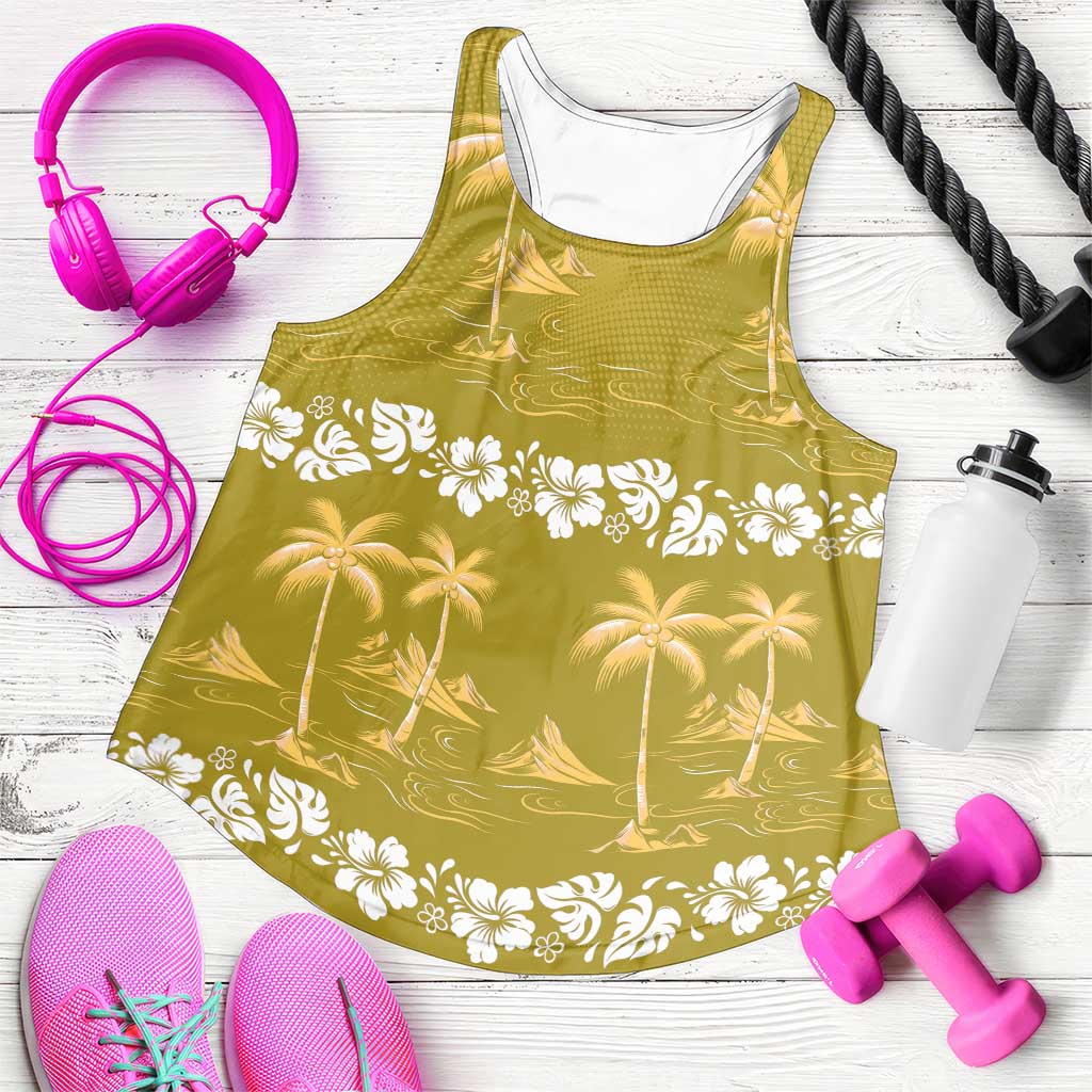 Yellow Hawaii Palm Tree Hibiscus Women Racerback Tank Fantasy Summer Vibe