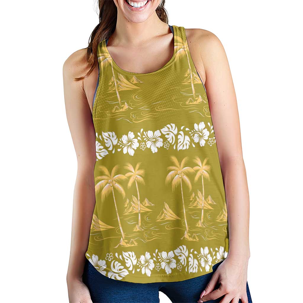 Yellow Hawaii Palm Tree Hibiscus Women Racerback Tank Fantasy Summer Vibe