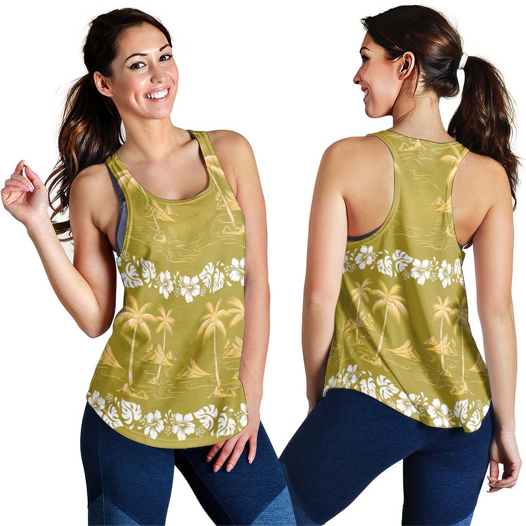 Yellow Hawaii Palm Tree Hibiscus Women Racerback Tank Fantasy Summer Vibe