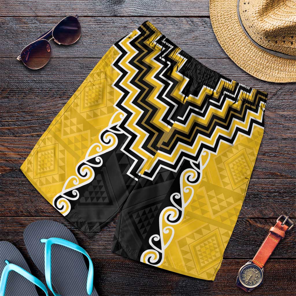 Yellow Niho Taniwha Mix Poutama Shorts for Men Unique Taniko Aotearoa - Polynesian Pride