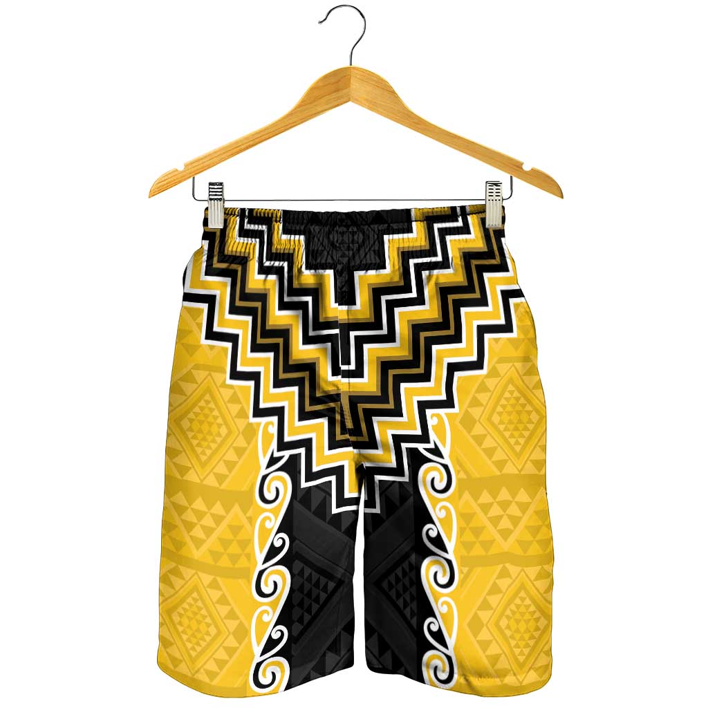 Yellow Niho Taniwha Mix Poutama Shorts for Men Unique Taniko Aotearoa - Polynesian Pride
