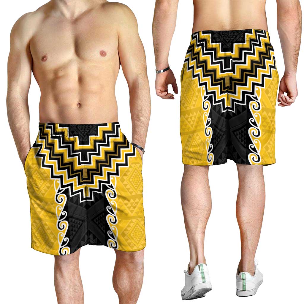 Yellow Niho Taniwha Mix Poutama Shorts for Men Unique Taniko Aotearoa - Polynesian Pride