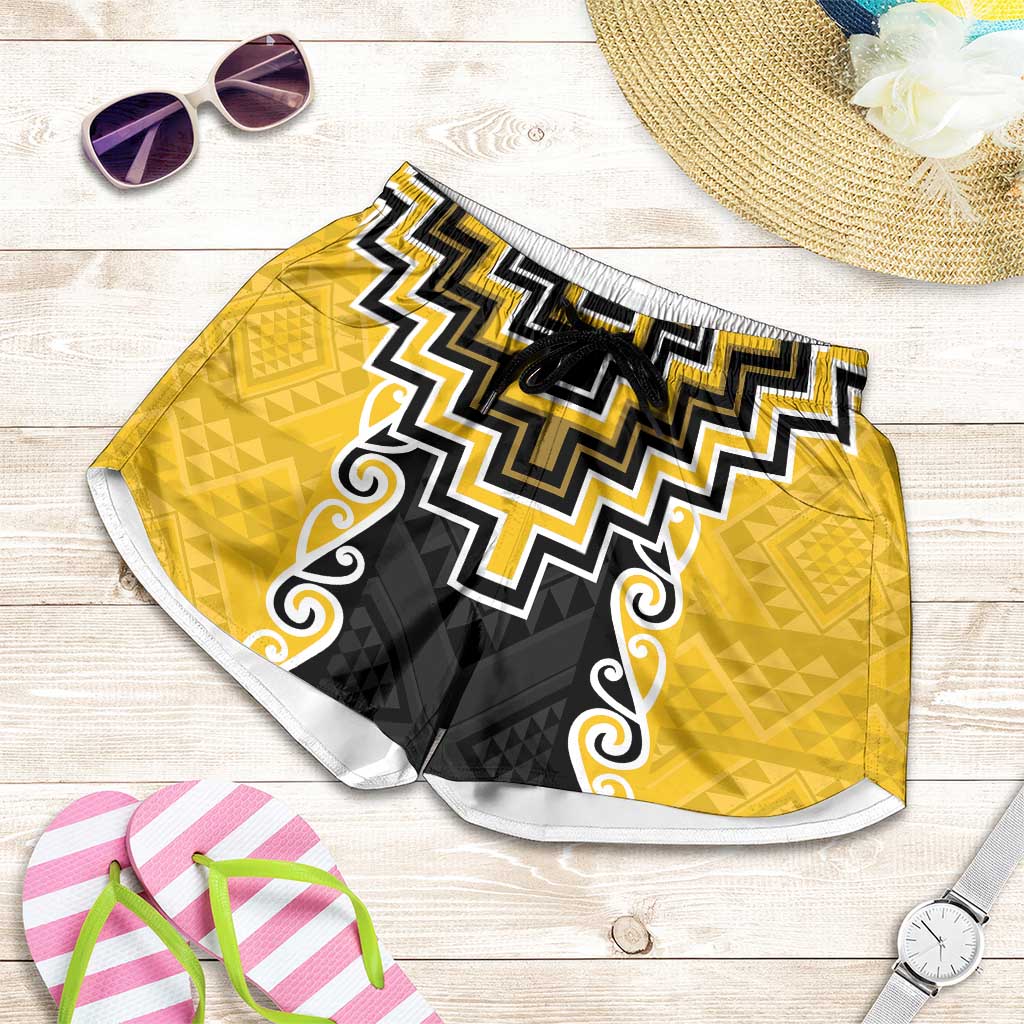 Yellow Niho Taniwha Mix Poutama Shorts for Women Unique Taniko Aotearoa - Polynesian Pride