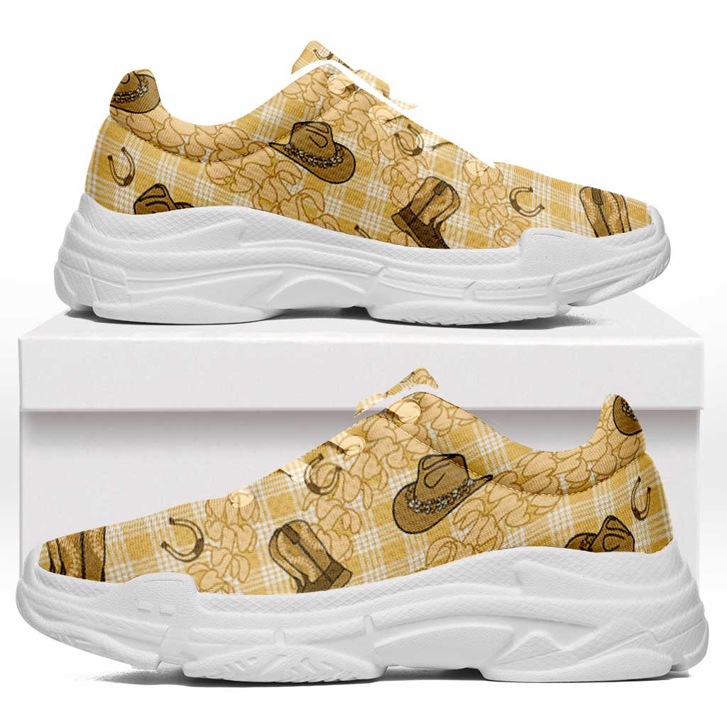 Yellow Palaka Hawaii Cowboy Chunky Sneakers Puakenikeni Lei Paniolo Papale Seamless Vibes - Polynesian Pride