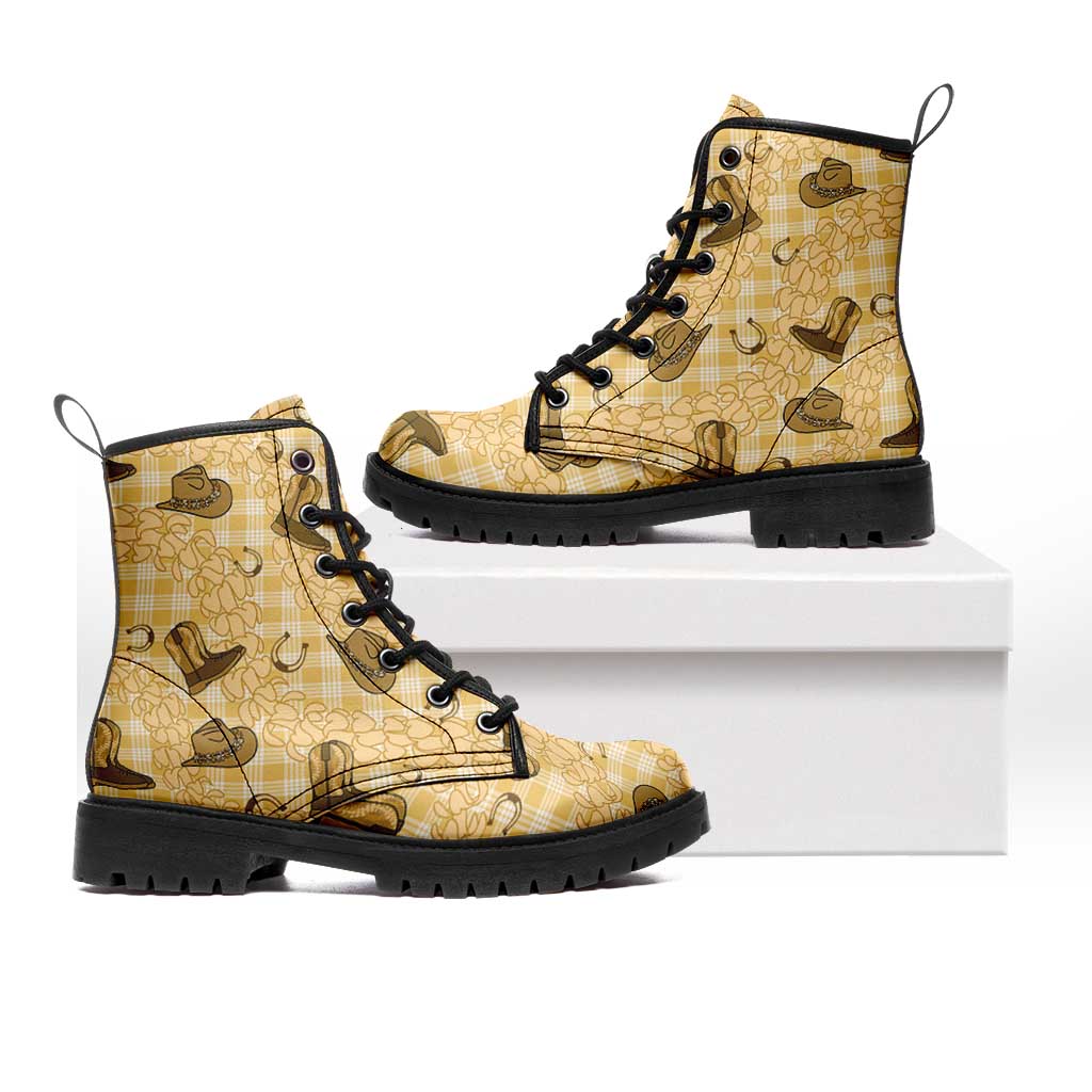 Yellow Palaka Hawaii Cowboy Leather Boots Puakenikeni Lei Paniolo Papale Seamless Vibes - Polynesian Pride