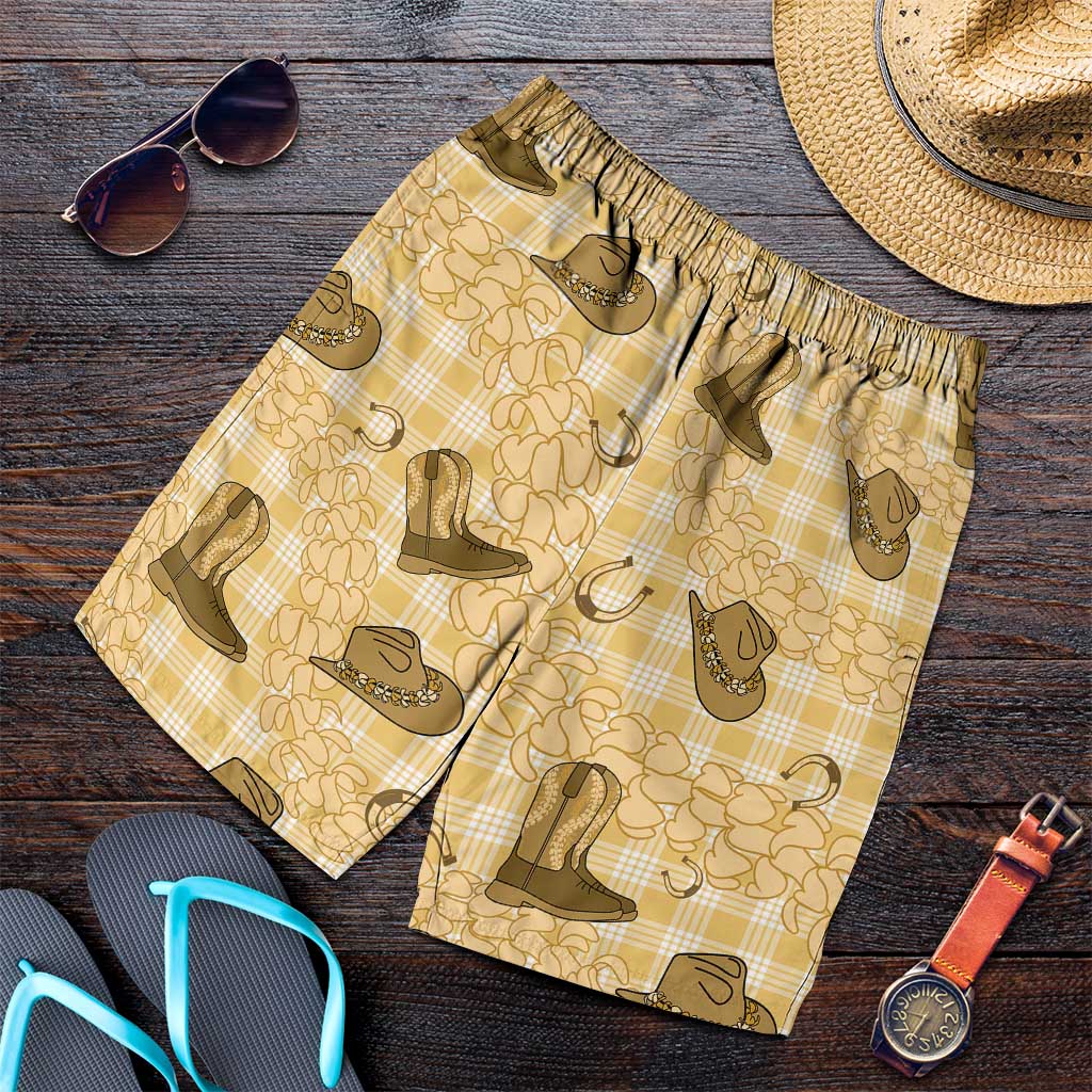 Yellow Palaka Hawaii Cowboy Shorts for Men Puakenikeni Lei Paniolo Papale Seamless Vibes - Polynesian Pride