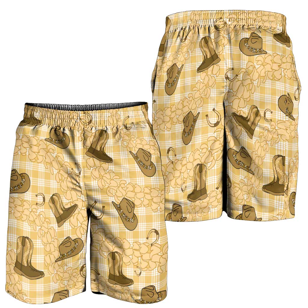 Yellow Palaka Hawaii Cowboy Shorts for Men Puakenikeni Lei Paniolo Papale Seamless Vibes - Polynesian Pride