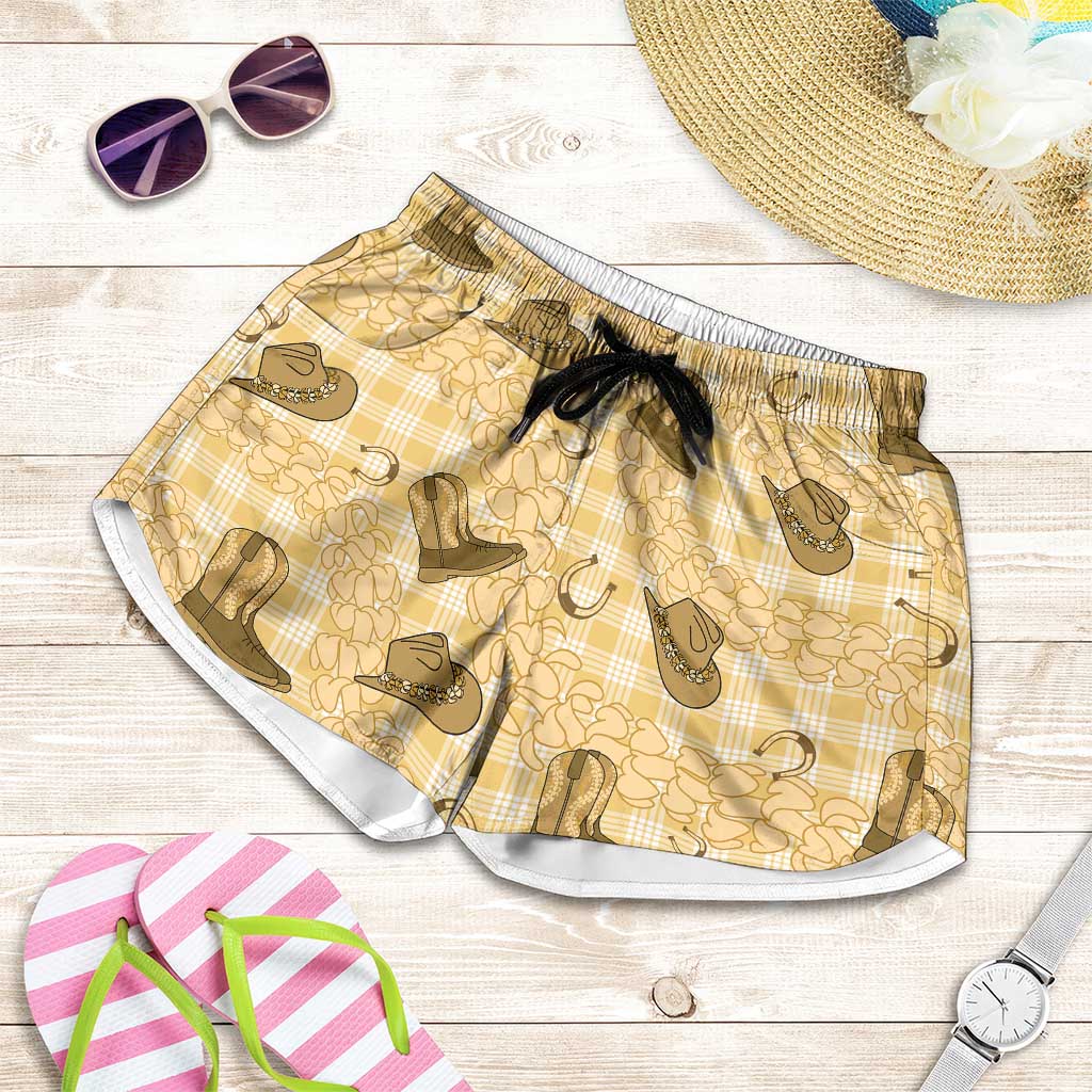 Yellow Palaka Hawaii Cowboy Shorts for Women Puakenikeni Lei Paniolo Papale Seamless Vibes - Polynesian Pride