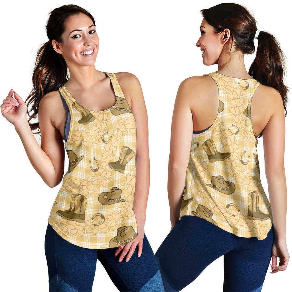 Yellow Palaka Hawaii Cowboy Women Racerback Tank Puakenikeni Lei Paniolo Papale Seamless Vibes - Polynesian Pride