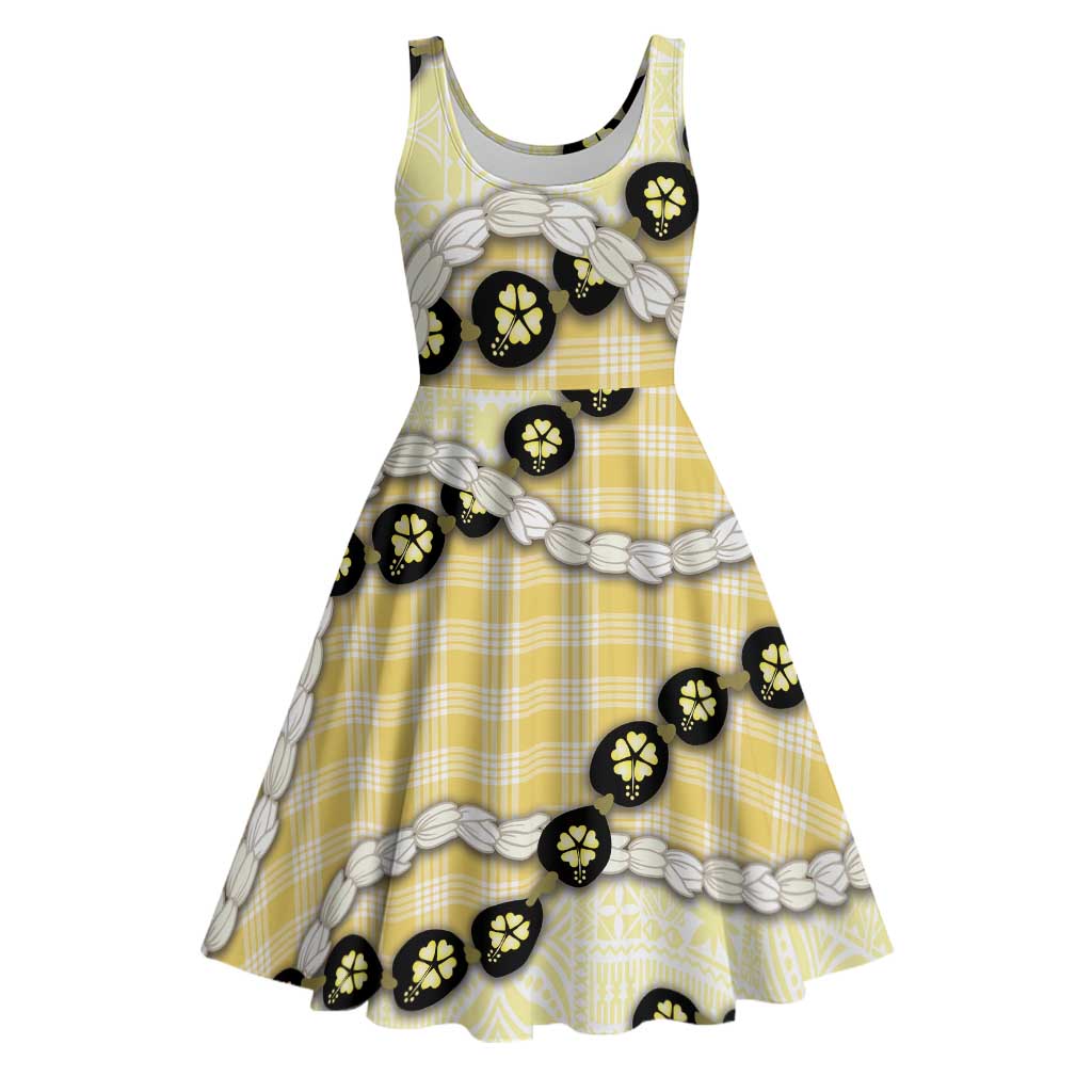 Yellow Palaka Hawaii Midi Dress Kukui Nut Pikake Lei Hawaiian Tapa Pattern - Polynesian Pride