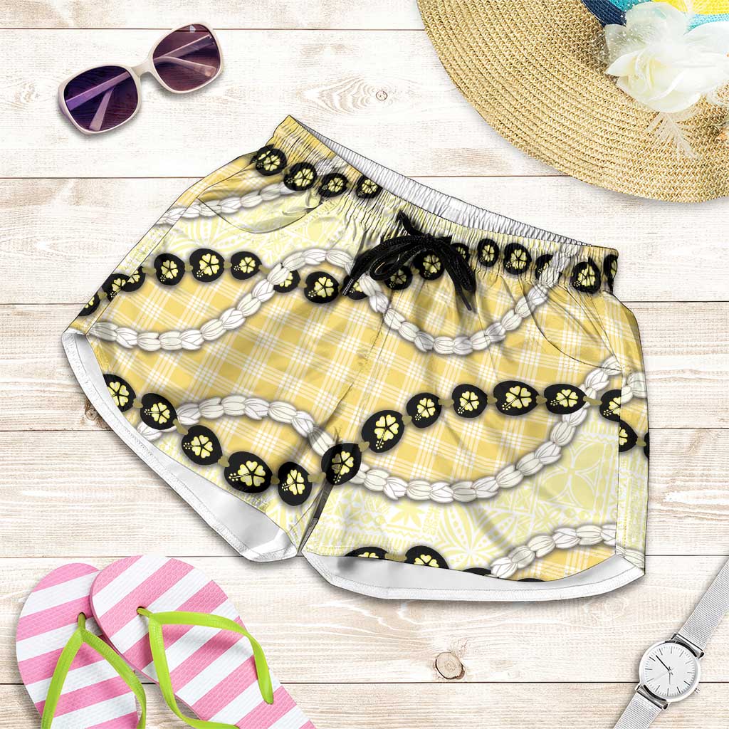 Yellow Palaka Hawaii Shorts for Women Kukui Nut Pikake Lei Hawaiian Tapa Pattern - Polynesian Pride