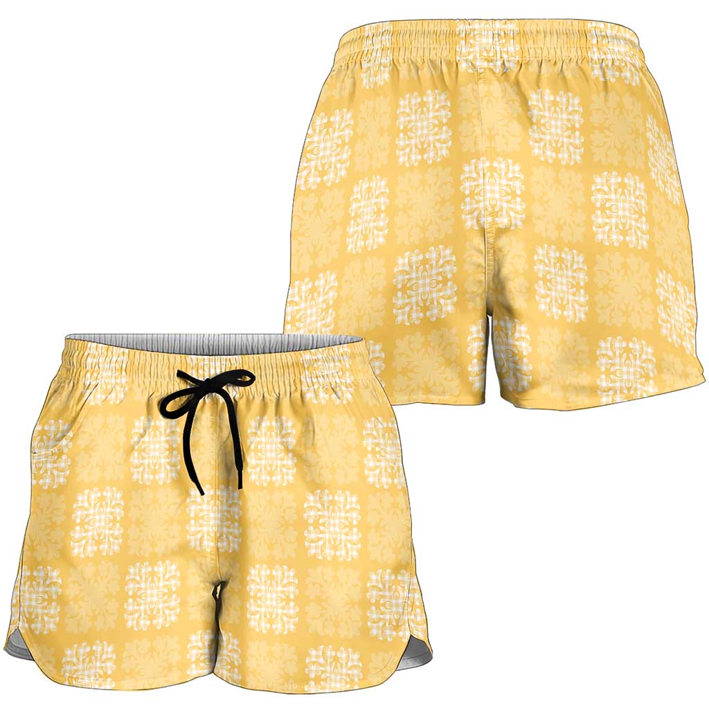 Yellow Palaka Quilt Hawaii Shorts for Women Traditional Hawaii-plaid Pattern - Polynesian Pride