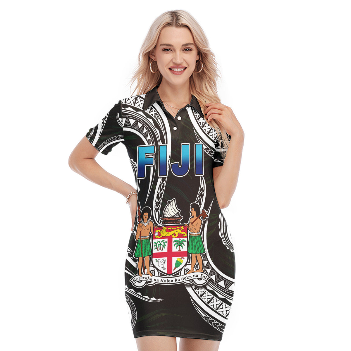 Fiji Coat of Arms Polo Dress Polynesian mix Coconut Pattern LT13 Black - Polynesian Pride