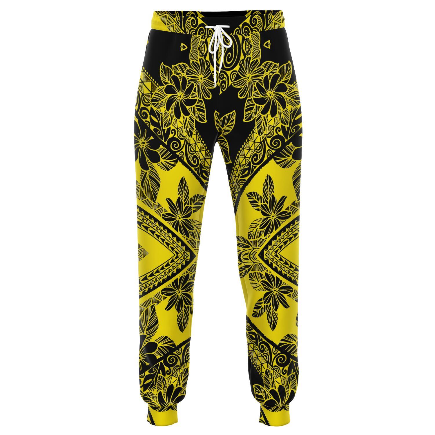 Polynesian Plumeria Mix Yellow Black Joggers Unisex Yellow - Polynesian Pride