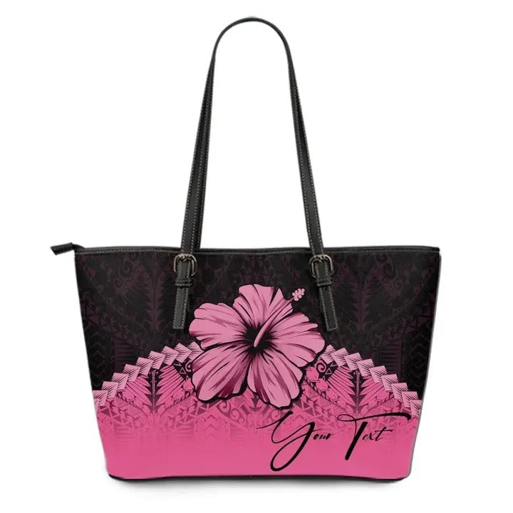 (Custom Personalised) Polynesian Leather Tote Bag Hibiscus Personal Signature Pink - Polynesian Pride