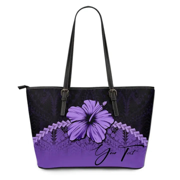(Custom Personalised) Polynesian Leather Tote Bag Hibiscus Personal Signature Purple - Polynesian Pride