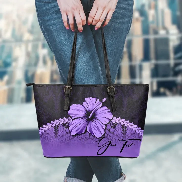 (Custom Personalised) Polynesian Leather Tote Bag Hibiscus Personal Signature Purple - Polynesian Pride