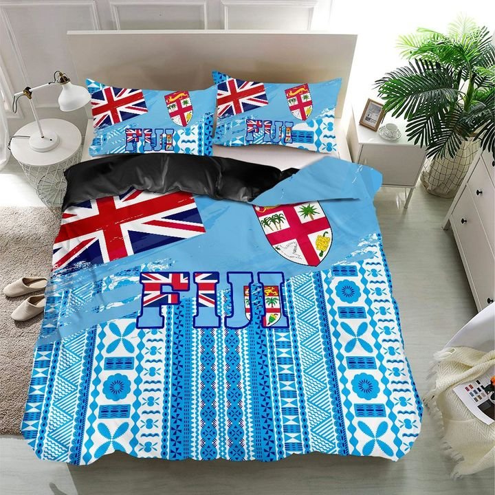 Fiji Bedding Set - Fijian Tapa Flag Duvet Cover & Pillow Covers Blue - Polynesian Pride