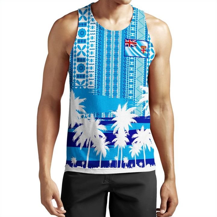 Fiji Tank Top - Fijian Tapa Flag Men Tank Top Blue - Polynesian Pride