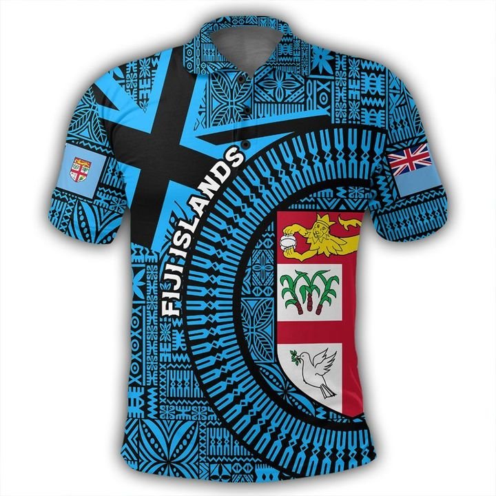 Fiji Islands Polo Shirt Circle Fijian Tapa Blue Unisex Blue - Polynesian Pride