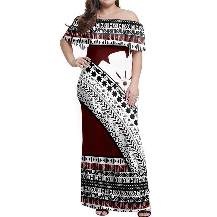 Fiji Masi Curve Off-Shoulder Long Dress Brown - Traditional Tapa Cloth