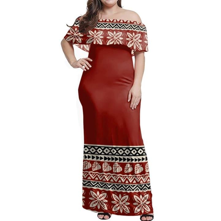 Fiji Ancient Tropical Pattern Off Shoulder Long Dress Women Red - Polynesian Pride