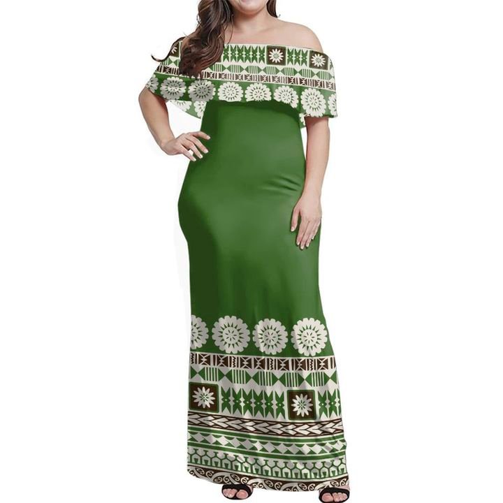 Fiji Bula Dress - Tapa Green Off Shoulder Long Dress Women Green - Polynesian Pride