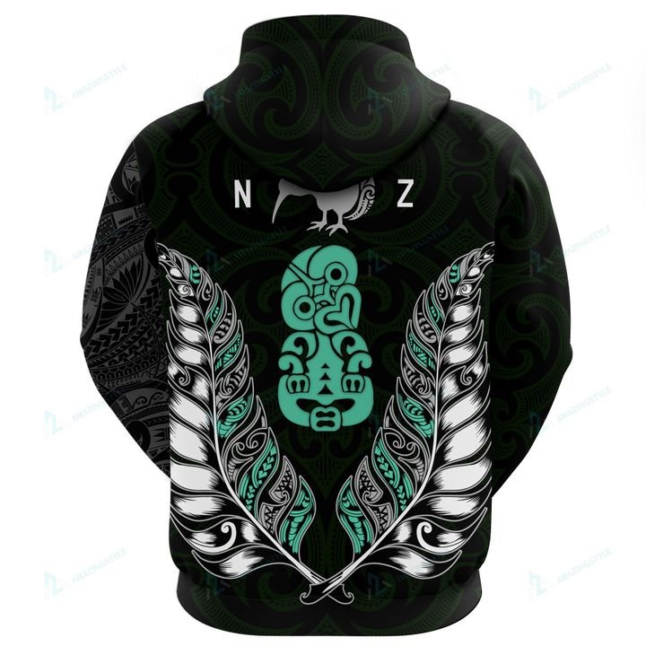 New Zealand Aotearoa Hoodie, Maori Silver Fern Hei Tiki Kiwi Turquoise - Polynesian Pride