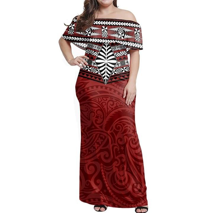 Pattern Ngatu Tonga Off Shoulder Long Dress Women Red - Polynesian Pride