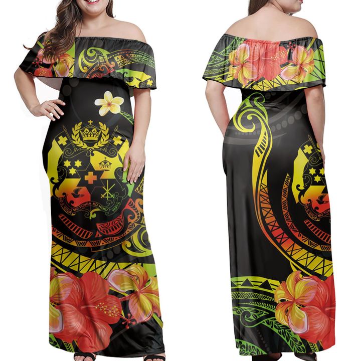 Tropical Flowers Tonga Coat Of Arms Polynesia Off Shoulder Long Dress Women Reggae - Polynesian Pride