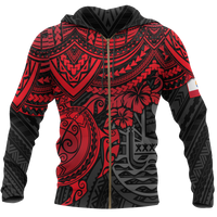 Tahiti Polynesian Hoodie (Zip up) Red Turtle Unisex RED - Polynesian Pride
