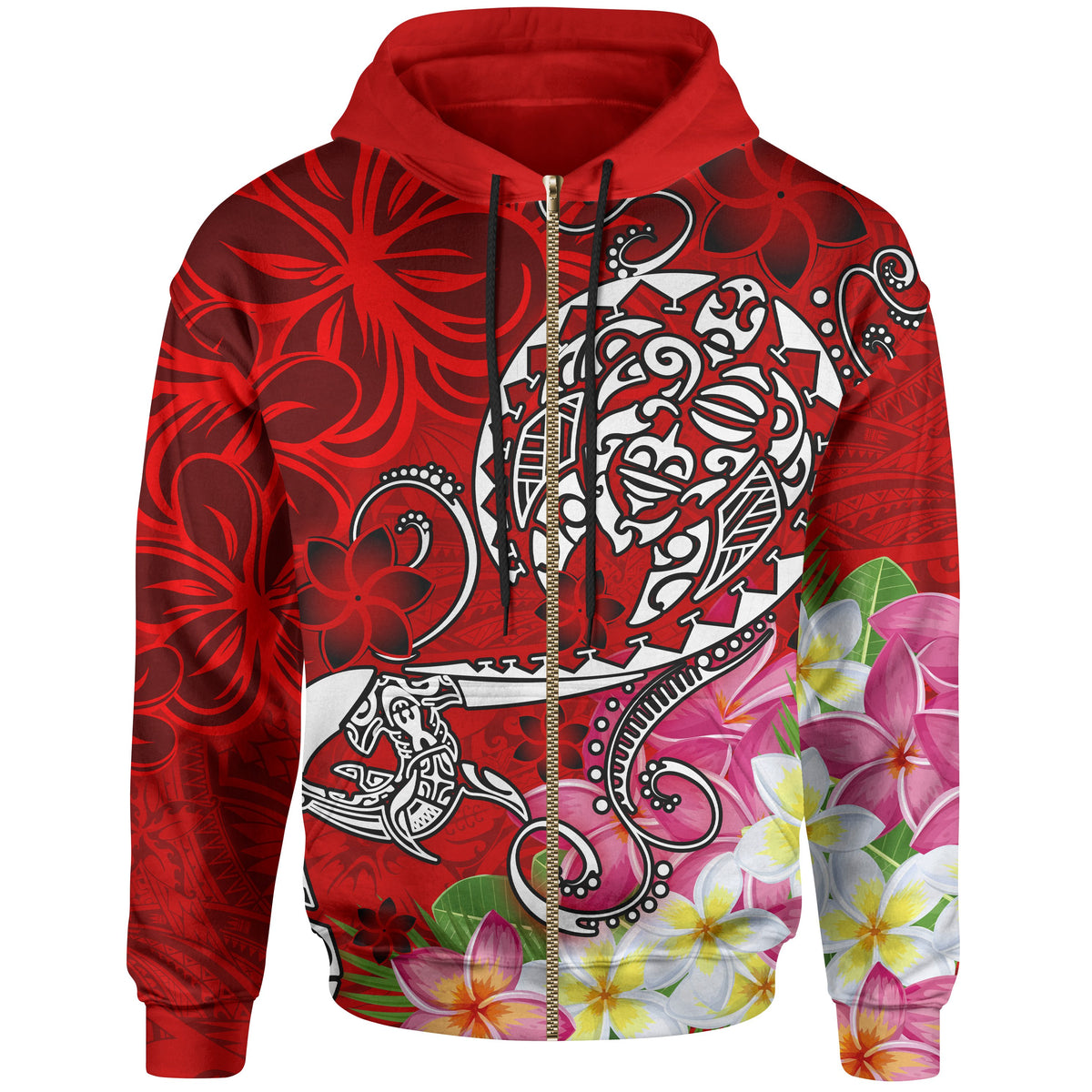 Polynesian Zip up Hoodie Turtle Plumeria Red Color Unisex Red - Polynesian Pride