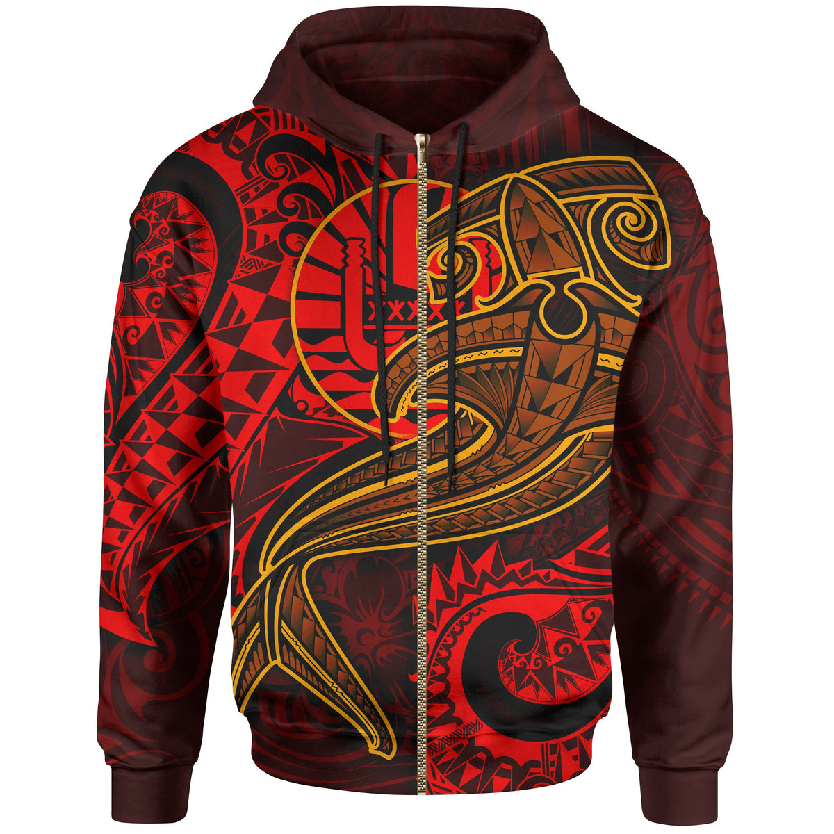 Tahiti Zip up Hoodie Red Shark Polynesian Tattoo Unisex Red - Polynesian Pride
