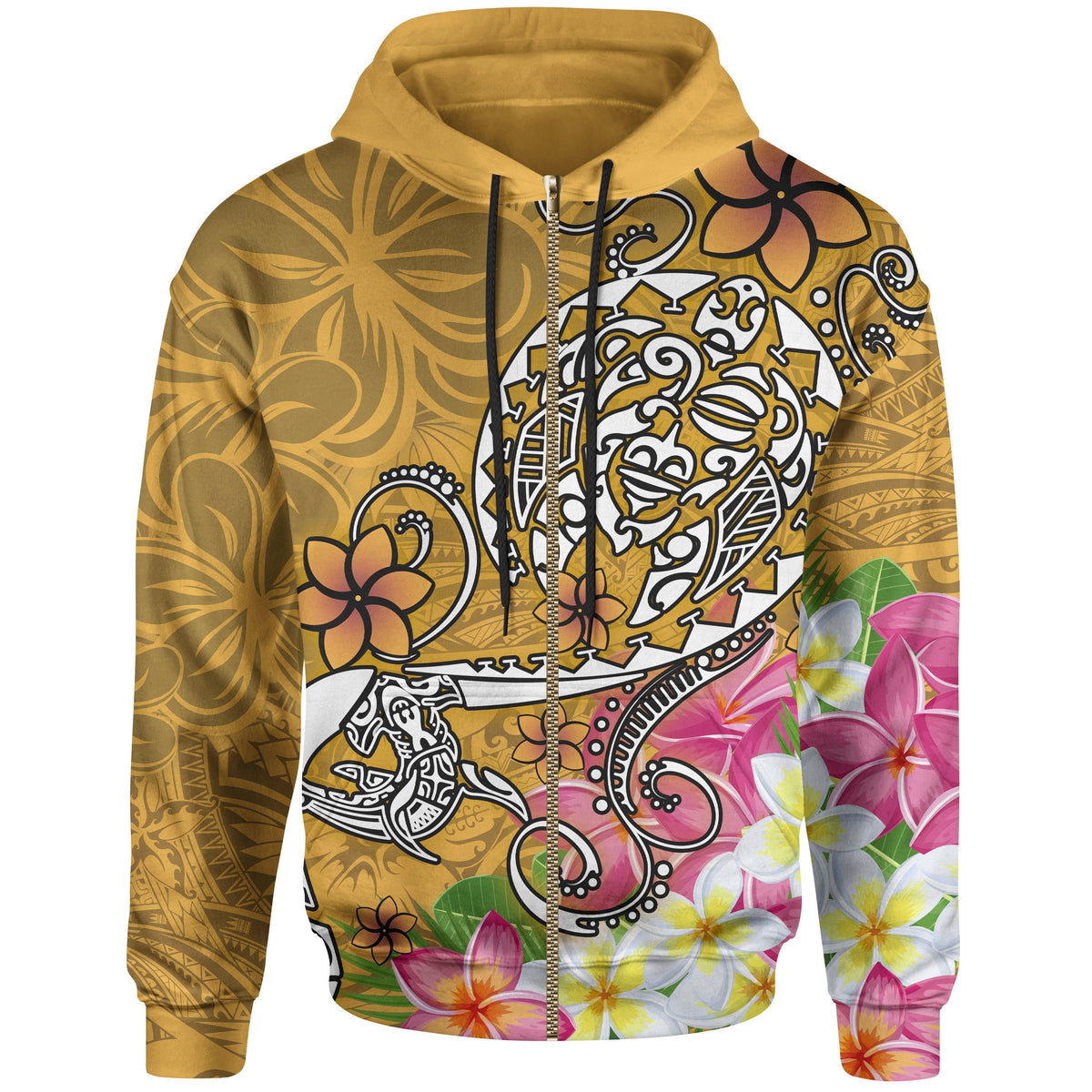 Polynesian Zip up Hoodie Turtle Plumeria Gold Color Unisex Gold - Polynesian Pride