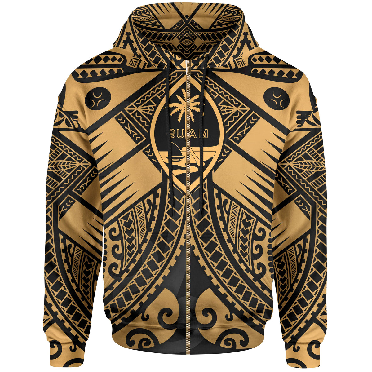 Guam Polynesian Zip up Hoodie Guam Gold Seal with Polynesian Tattoo Unisex Gold - Polynesian Pride