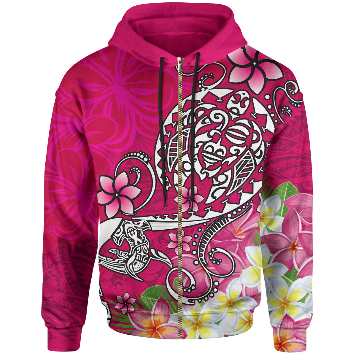 Polynesian Zip up Hoodie Blue Plumeria Pink Color Unisex Pink - Polynesian Pride