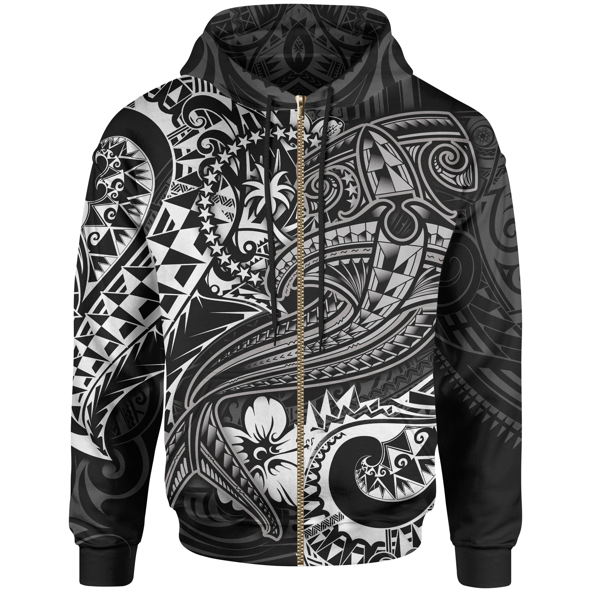 Chuuk Zip up Hoodie White Shark Polynesian Tattoo Unisex White - Polynesian Pride