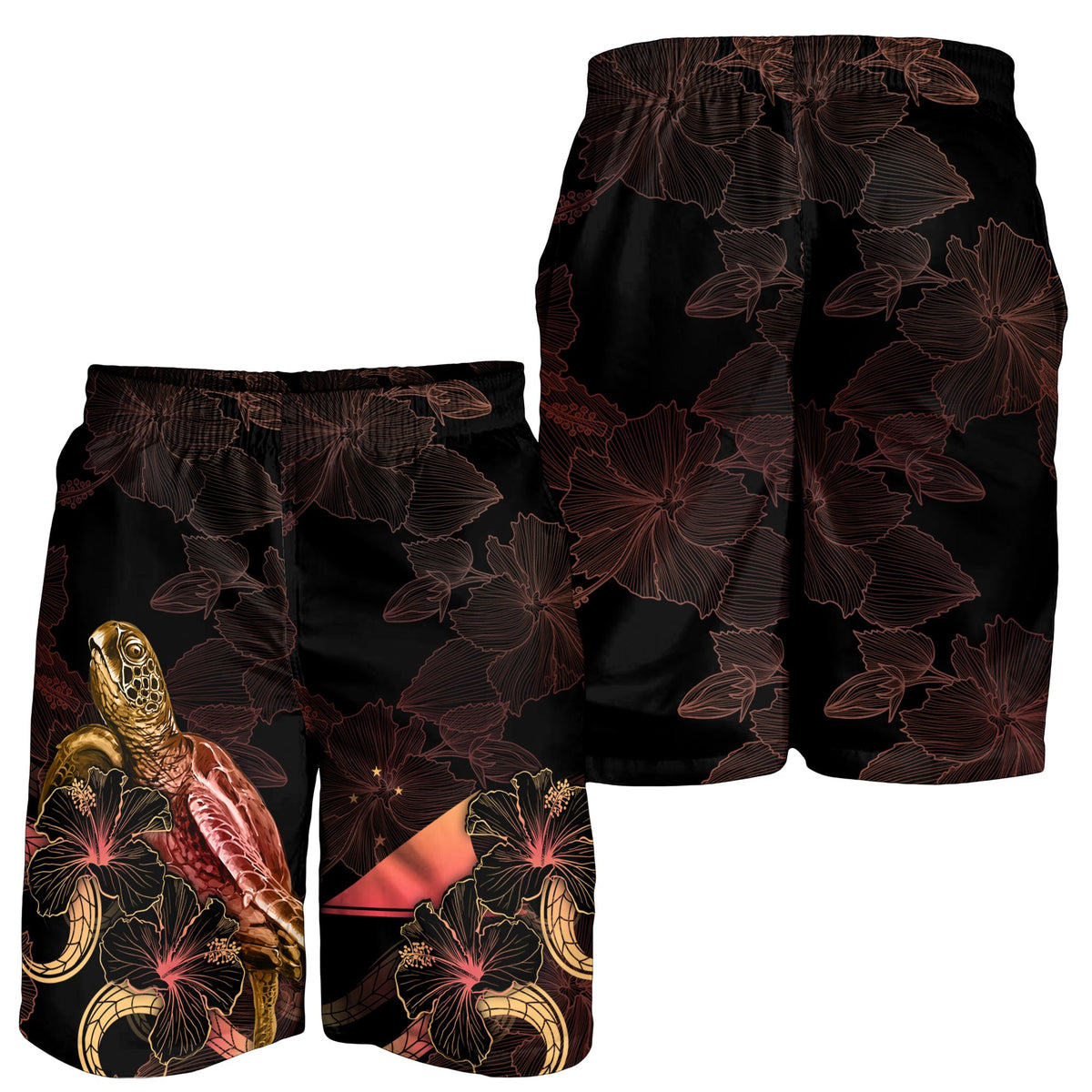 Tokelau Polynesian Men's Shorts - Turtle With Blooming Hibiscus Gold - Polynesian Pride