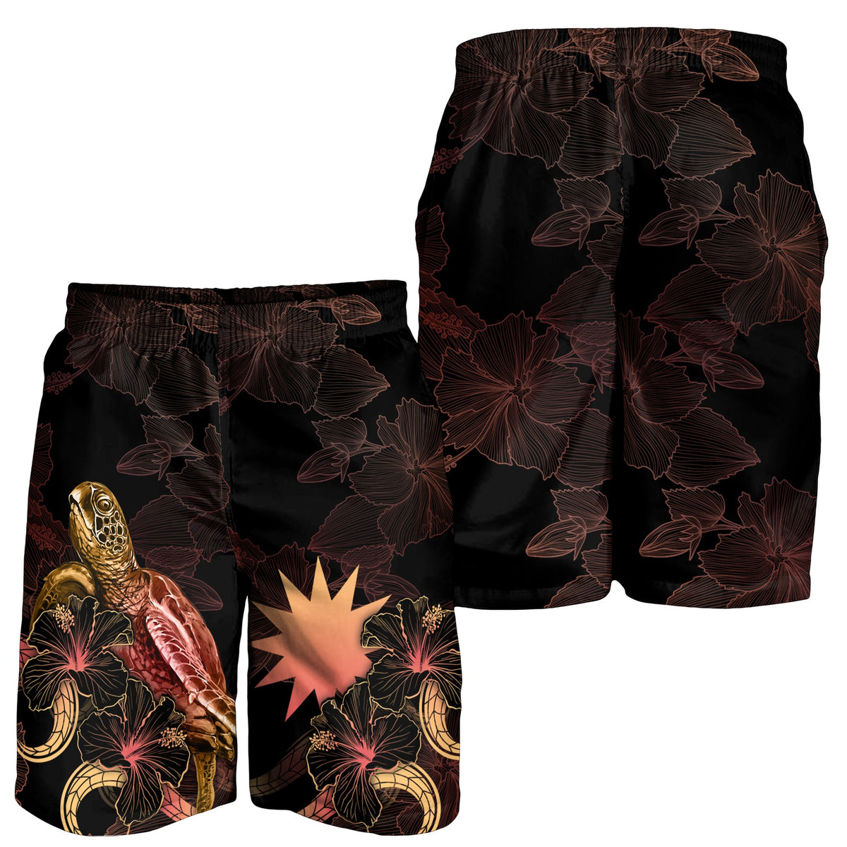 Nauru Polynesian Men's Shorts - Turtle With Blooming Hibiscus Gold - Polynesian Pride