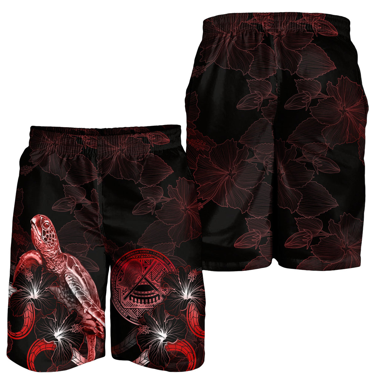 American Samoa Polynesian Men's Shorts - Turtle With Blooming Hibiscus Red - Polynesian Pride