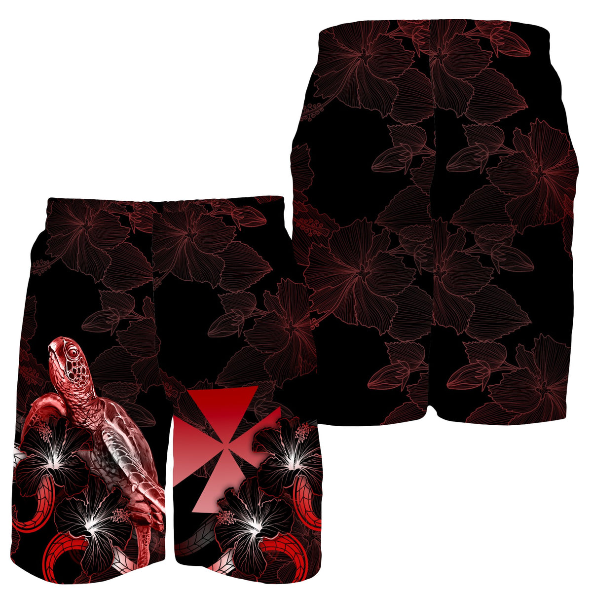 Wallis and Futuna Polynesian Men's Shorts - Turtle With Blooming Hibiscus Red - Polynesian Pride