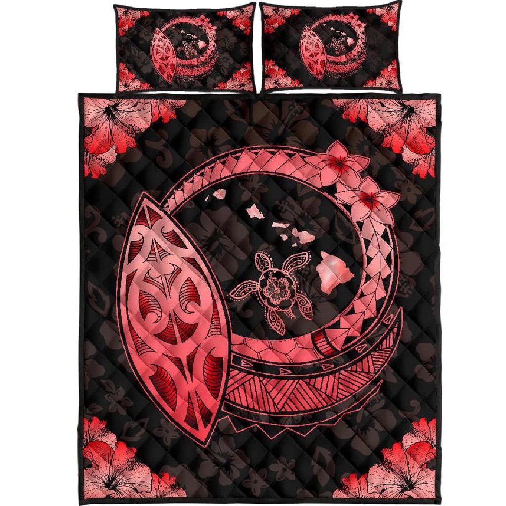 Hawaii Quilt Bed Set - Hawaii Hibiscus Map Polynesian Quilt Bed Set Red Black - Polynesian Pride