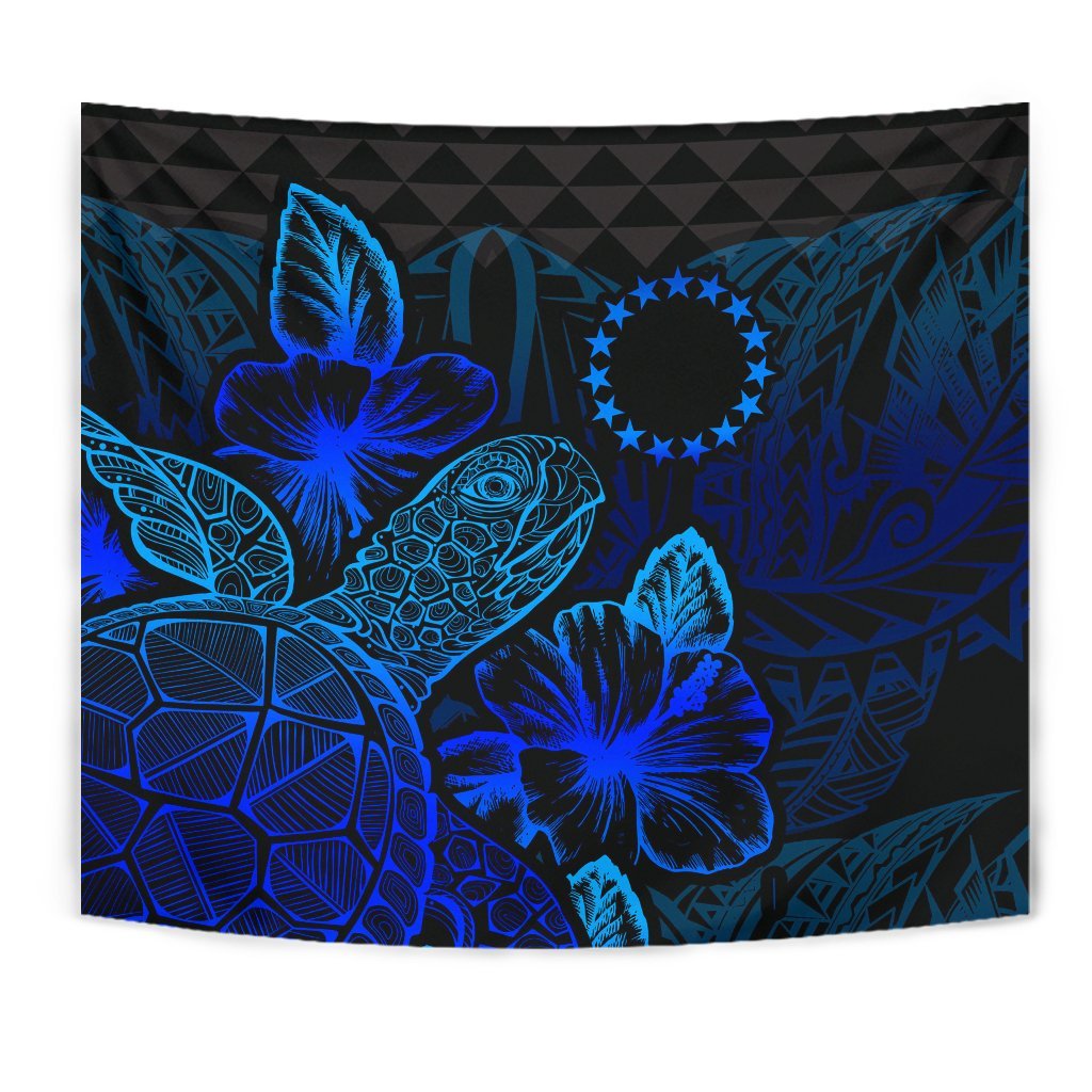 Cook Islands Tapestry - Turtle Hibiscus Pattern Blue - Polynesian Pride