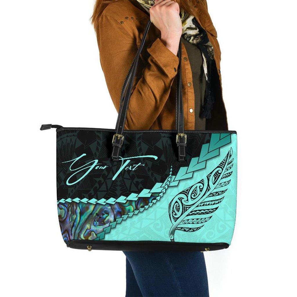 (Signature Custom) Paua Shell, Maori Silver Fern Leather Tote Bag, Turquoise Turquoise - Polynesian Pride