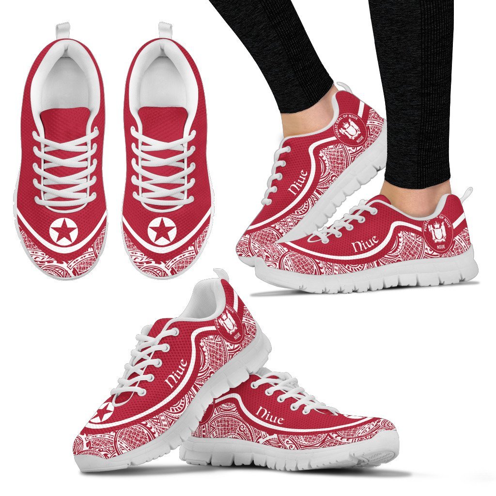 Niue Wave Sneakers - Polynesian Pattern White Red Color Women's Sneakers - White - Niue White - Polynesian Pride
