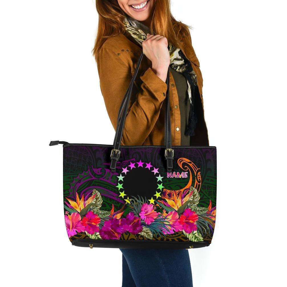 Cook Islands Personalised Polynesian Large Leather Tote Bag - Summer Hibiscus Black - Polynesian Pride