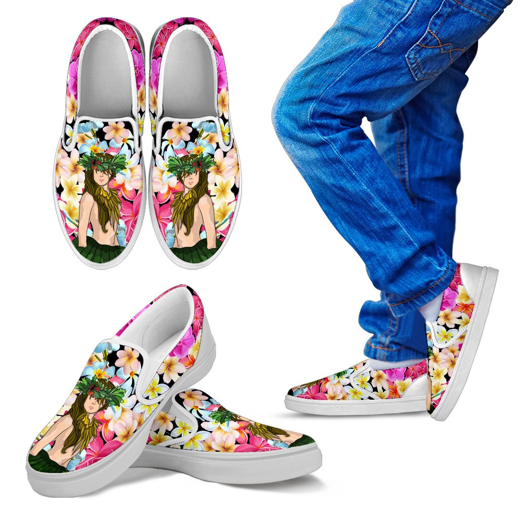 Hawaii Plumeria Hula Girl Slip Ons Kid's Slip Ons White - Polynesian Pride