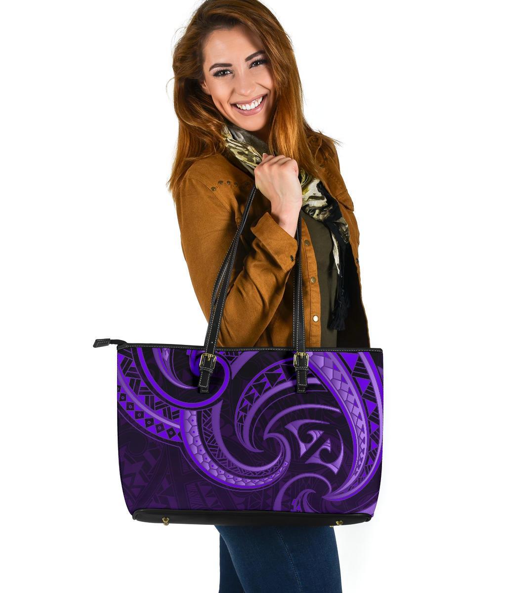 New Zealand Maori Mangopare Large Leather Tote Polynesian - Purple Purple - Polynesian Pride