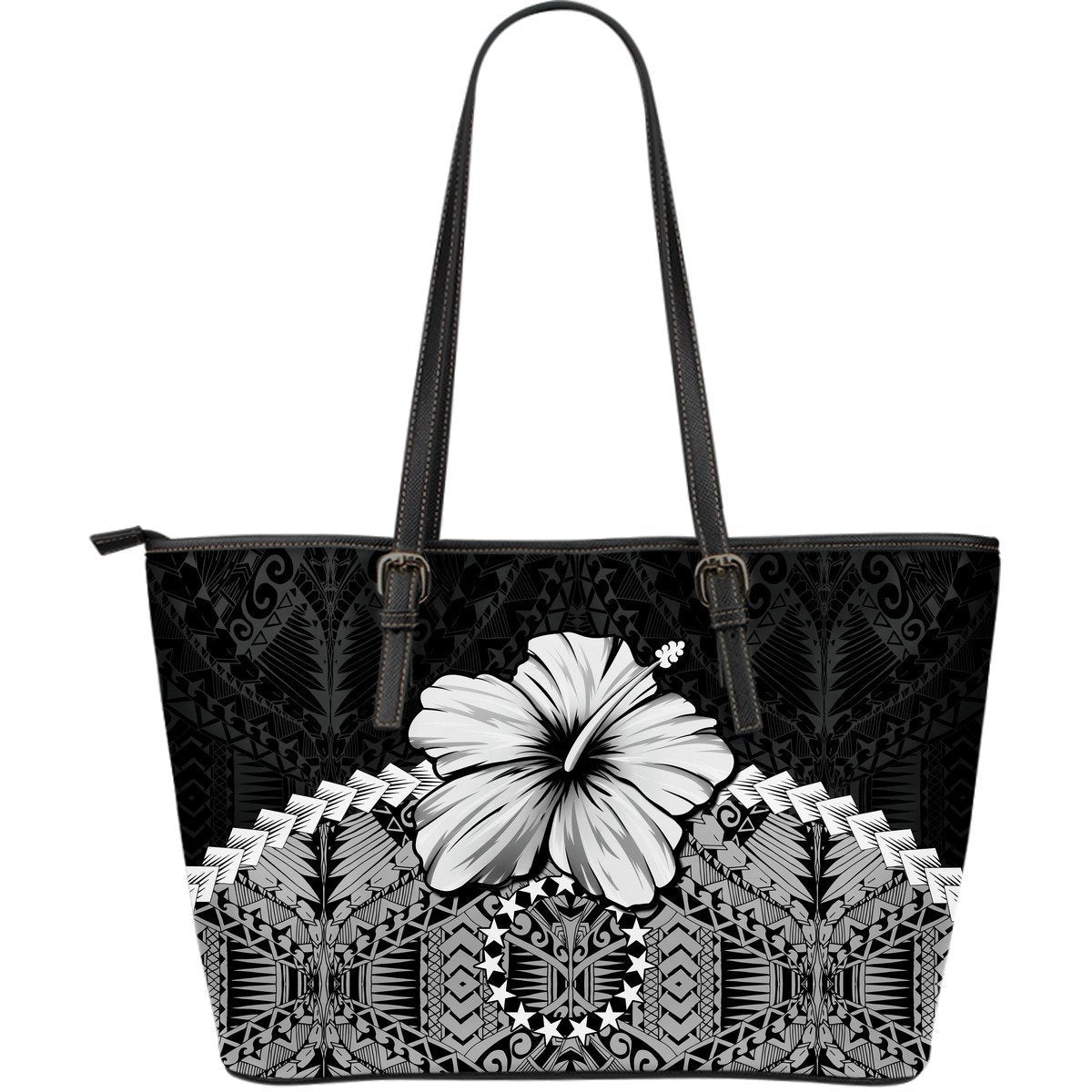 Cook Islands Leather Tote Bag - Hibiscus (Gray) Gray - Polynesian Pride