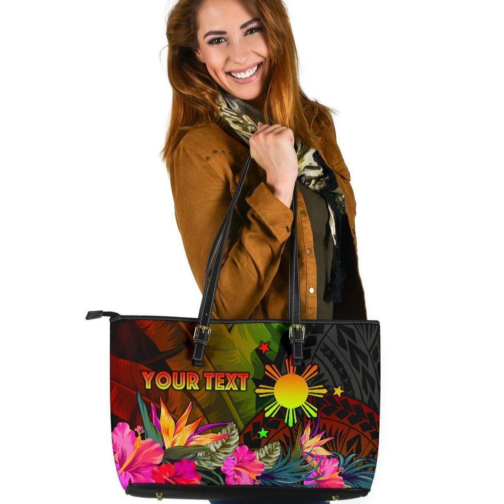 The Philippines Polynesian Personalised Large Leather Tote Bag - Hibiscus and Banana Leaves Reggae - Polynesian Pride